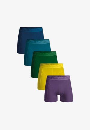 Öt színű boxer alsónemű szett: sötétkék, türkiz, zöld, sárga és lila. Mindegyik rugalmas "MUCHACHO MAL" derékpánttal rendelkezik.