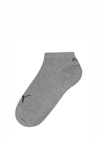 Graue Knöchelsocke aus weichem Stoff, mit einem gerippten Bündchen, einer verstärkten Ferse und einem schwarzen Logodetail an der Seite.