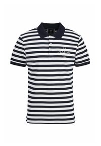 Marineblauw en witte gestreepte poloshirt met korte mouwen, een kraag, een drieknoopsluiting en geborduurde tekst op de borst.