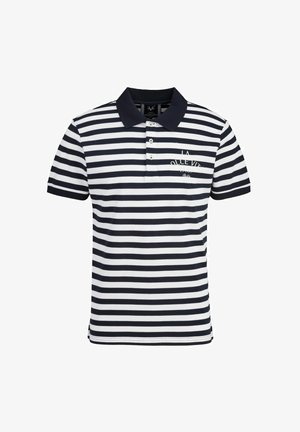 Gestreiftes Polohemd in Marineblau und Weiß mit kurzen Ärmeln, Kragen, drei Knöpfen und besticktem Text auf der Brust.