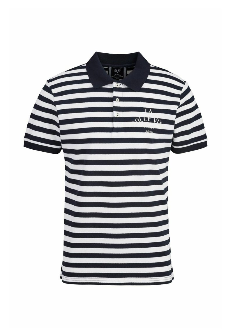 Marineblauw en witte gestreepte poloshirt met korte mouwen, een kraag, een drieknoopsluiting en geborduurde tekst op de borst.