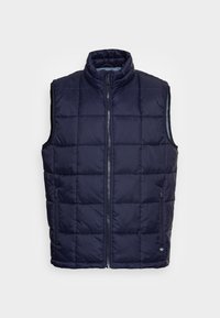 Marineblauer Puffer-Westen mit hohem Kragen, Frontreißverschluss, zwei Seitentaschen und gestepptem Design, mit einem blauen Innenfutter.