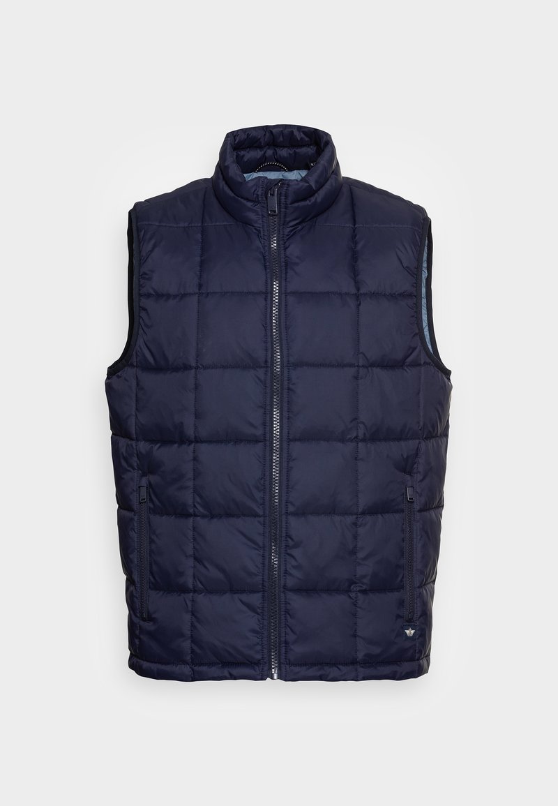 Navy puffer vest with a high collar, front zipper, two side pockets, and quilted texture, featuring a blue interior lining.