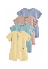 Fire fire ribbede rompers med korte ærmer i pastelfarver: gul, lyseblå, lyserød og lyse lilla. Hver har knapper og en lomme.