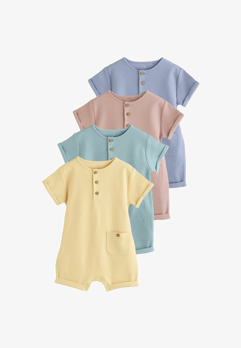 Four short-sleeve ribbed baby rompers in yellow, teal, pink, and blue with button details and small chest pockets, arranged in a layered stack.