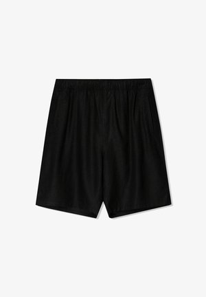 Fekete rövidnadrág rugalmas derékrésszel, két oldalzsebbel és laza fazonnal. Puha anyagból készült, sima tapintású.