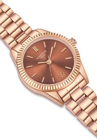 Roosa kuldse korpusega kell pruuni koonusekella, minimalistlikud tunniindikaatorid, tekstureeritud äär ja lingitud metallist käevõru disain.