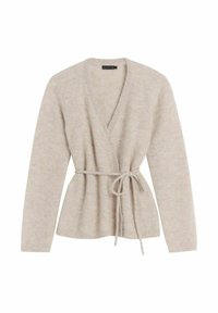 Beżowy kardigan zapinany na wstążkę, wykonany z miękkiego, fakturowanego materiału, z wiązaniem w talii i długimi rękawami, z głębokim dekoltem w serek i prążkowanymi mankietami.
