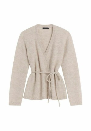 Beige omslagströja gjord av mjukt, texturerat material med ett knyt i midjan och långa ärmar, med en djup V-ringning och ribbade muddar.