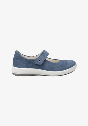 Blaue Wildleder-Mary-Jane-Schuhe mit einem Klettverschluss, gepolstertem Innenraum und einer weißen Gummisohle mit strukturiertem Muster.