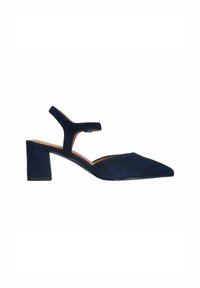 Marineblauwe suede slingback schoen met een spitse neus en een blokhak van gemiddelde hoogte. Heeft een dunne enkelband met een gesp.