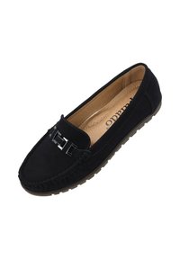 Mocasines de ante azul marino con un acento metálico en el empeine, parte superior texturizada y suela de goma con un patrón de relieve sencillo.