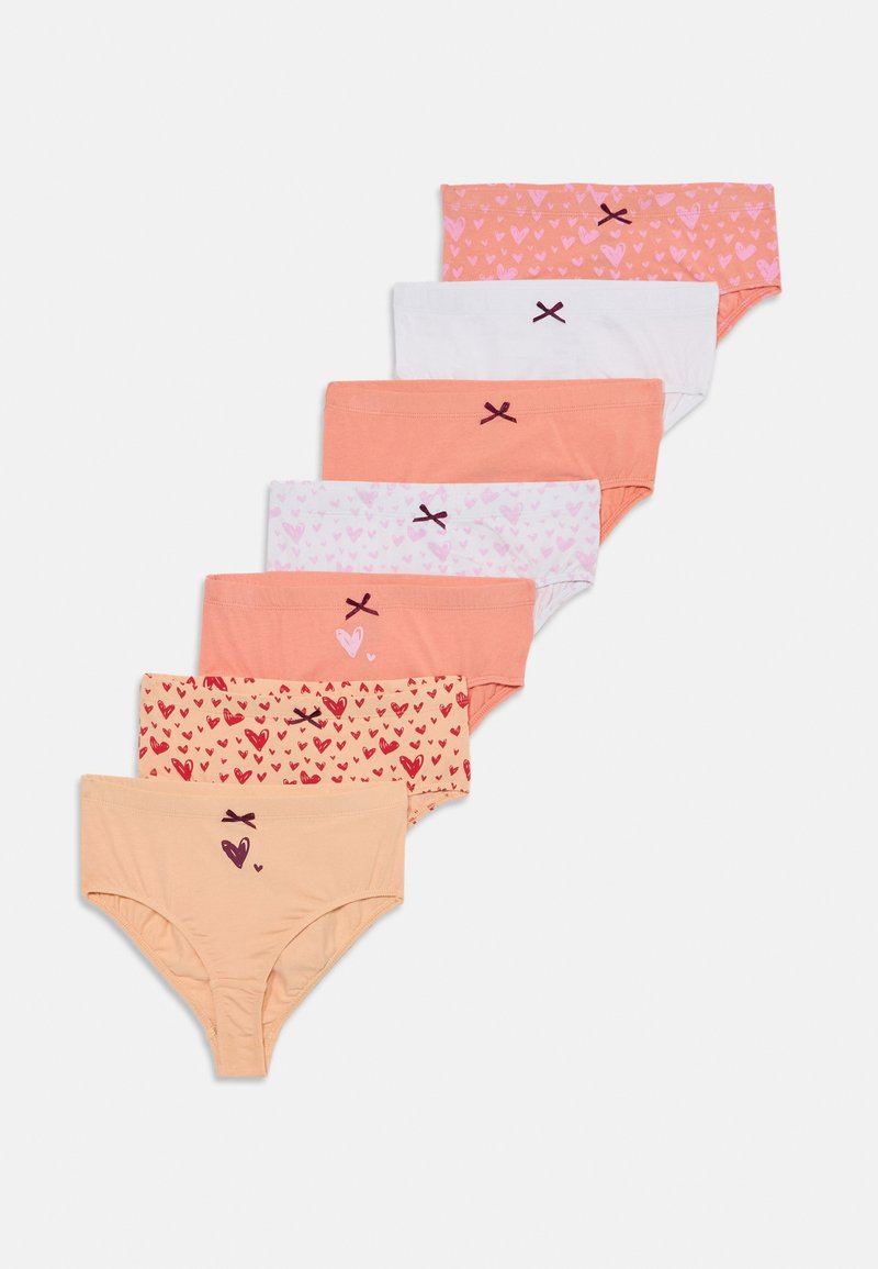 Sedem parov bombažnih krilc v odtenkih breskve, roza in bele barve. Značilnosti vključujejo srčne vzorce in mašne poudarke na pasu.