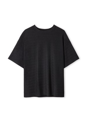 Zwarte kort-sleeve t-shirt met een ronde hals, voorzien van een geweven ribbelpatroon en een relaxte pasvorm. Geen zichtbare branding of accenten.