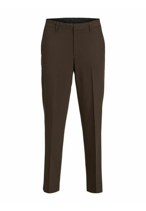 Braune maßgeschneiderte Hose aus einem glatten Stoff. Hat einen geraden Schnitt, Falten und einen Bund mit Gürtelschlaufen für eine verstellbare Passform.