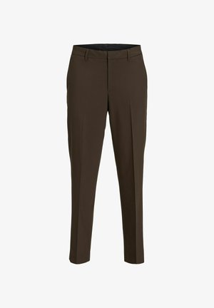 Braune maßgeschneiderte Hose aus einem glatten Stoff. Hat einen geraden Schnitt, Falten und einen Bund mit Gürtelschlaufen für eine verstellbare Passform.