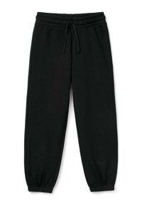 Czarne spodnie dresowe z elastycznym paskiem w talii i mankietami, z przednim sznurkiem do regulacji dopasowania.