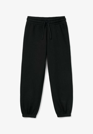 Schwarze Jogginghosen mit elastischem Bund und Bündchen, ausgestattet mit einer vorderen Kordel zum Verstellen der Passform.