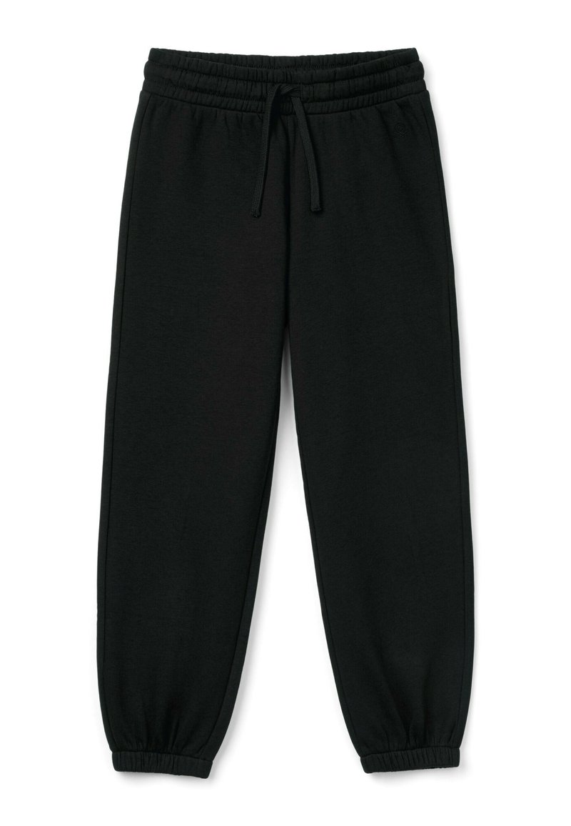 Czarne spodnie dresowe z elastycznym paskiem w talii i mankietami, z przednim sznurkiem do regulacji dopasowania.