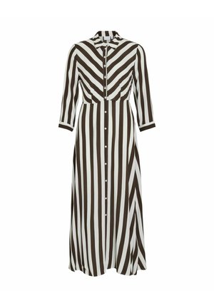 Rochie cămașă cu dungi maro și alb, cu guler, închidere cu nasturi și mâneci lungi. Material neted, design până la gleznă.