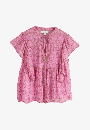 Roosa lühikeste varrukatega pluus lillemustriga, volangidega varrukad, ees lipsuga kaelus ja kerge kogutud kangas.