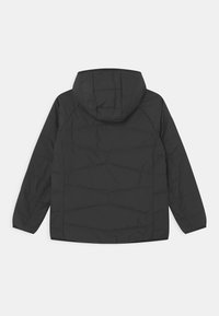 Veste d'hiver noire matelassée avec capuche, vue de dos, manches longues et motifs cousus horizontaux et diagonaux.