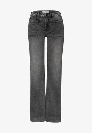 Jeans in denim grigio con un design a gamba dritta. Presentano cinque tasche, una chiusura con bottone e dettagli di cucitura a contrasto. Texture liscia.