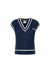 Jūrinis megztinis su V formos iškirpte, trumpomis rankovėmis, balta apdaila, raštuota tekstūra ir "PEPE JEANS" logotipu priekyje.