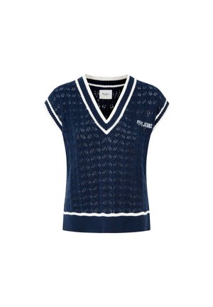 Granatowy sweter robiony na drutach z dekoltem w kształcie litery V, krótkimi rękawami, białym wykończeniem, wzorzystą strukturą i logo "PEPE JEANS" z przodu.