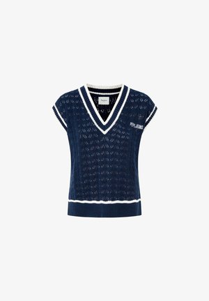 Granatowy sweter robiony na drutach z dekoltem w kształcie litery V, krótkimi rękawami, białym wykończeniem, wzorzystą strukturą i logo "PEPE JEANS" z przodu.