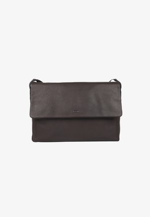 Dark brown leather messenger bag with a flap closure, featuring smooth texture and minimalist design, suitable for everyday use.