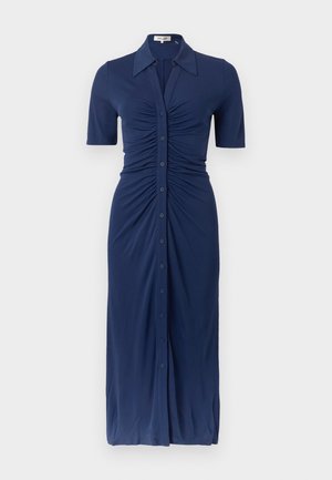 Vestido azul-marinho feito de tecido elástico, com fecho de botões à frente, mangas curtas, gola com colarinho e detalhes franzidos na cintura.