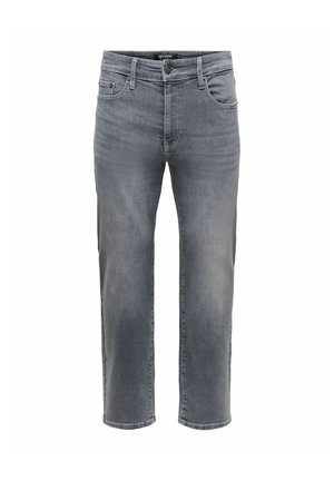 Jean gris coupe droite avec cinq poches et fermeture par bouton, présenté sur fond blanc.