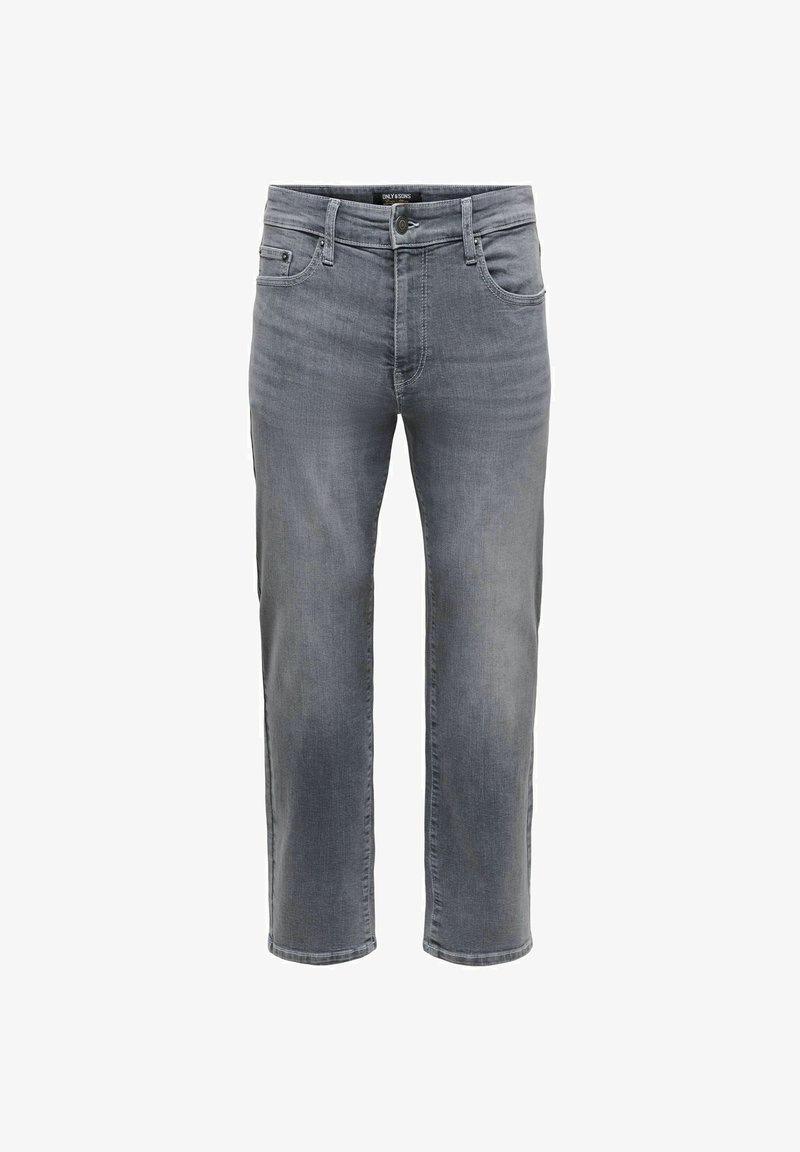 Jean gris coupe droite avec cinq poches et fermeture par bouton, présenté sur fond blanc.