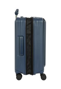 Valigia rigida blu con manico telescopico estensibile, quattro ruote, manico laterale e sezione espandibile nera con zip.
