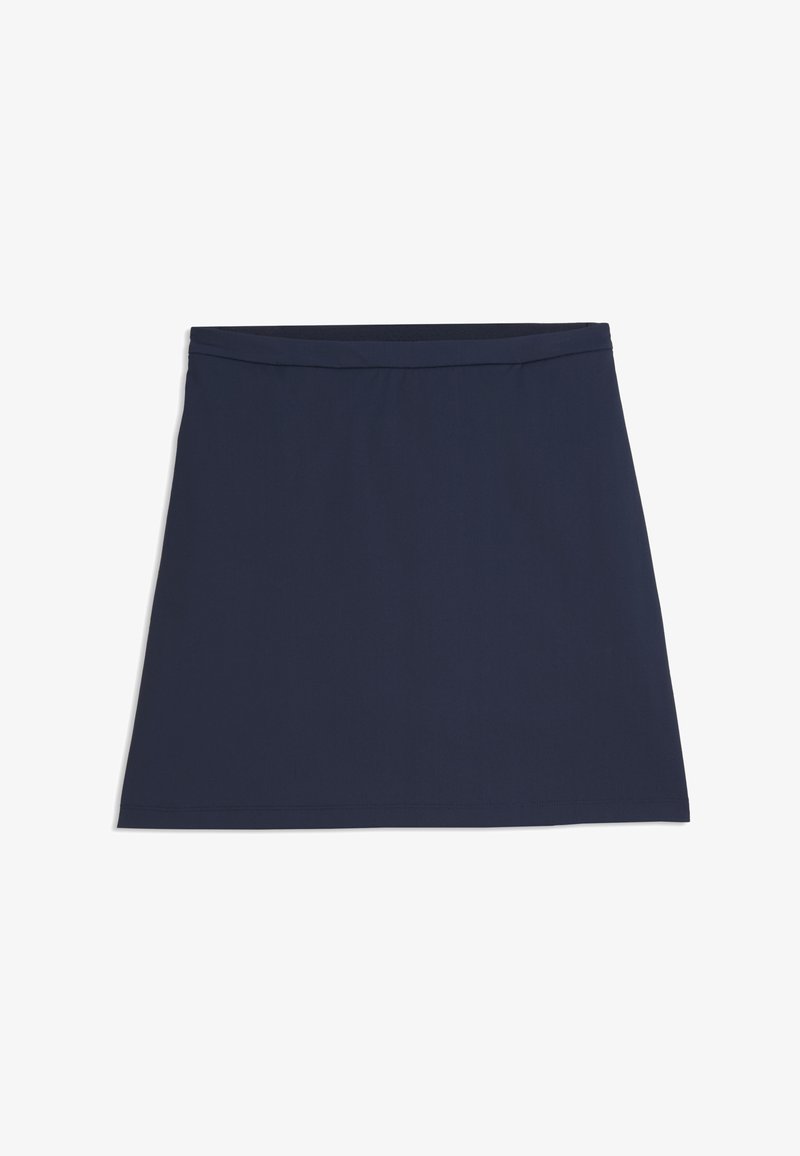 Jupe trapèze bleu marine unie avec une ceinture ajustée et sans motifs ou embellissements visibles.