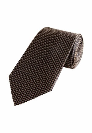 Rolled necktie with a small geometric pattern in black, brown, and beige tones on a white background.