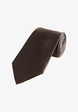 Rolled necktie with a small geometric pattern in black, brown, and beige tones on a white background.