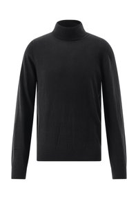 Schwarzer langärmeliger Rollkragenpullover mit gerippten Bündchen und Saum, vor einem weißen Hintergrund präsentiert.