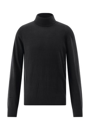 Schwarzer langärmeliger Rollkragenpullover mit gerippten Bündchen und Saum, vor einem weißen Hintergrund präsentiert.