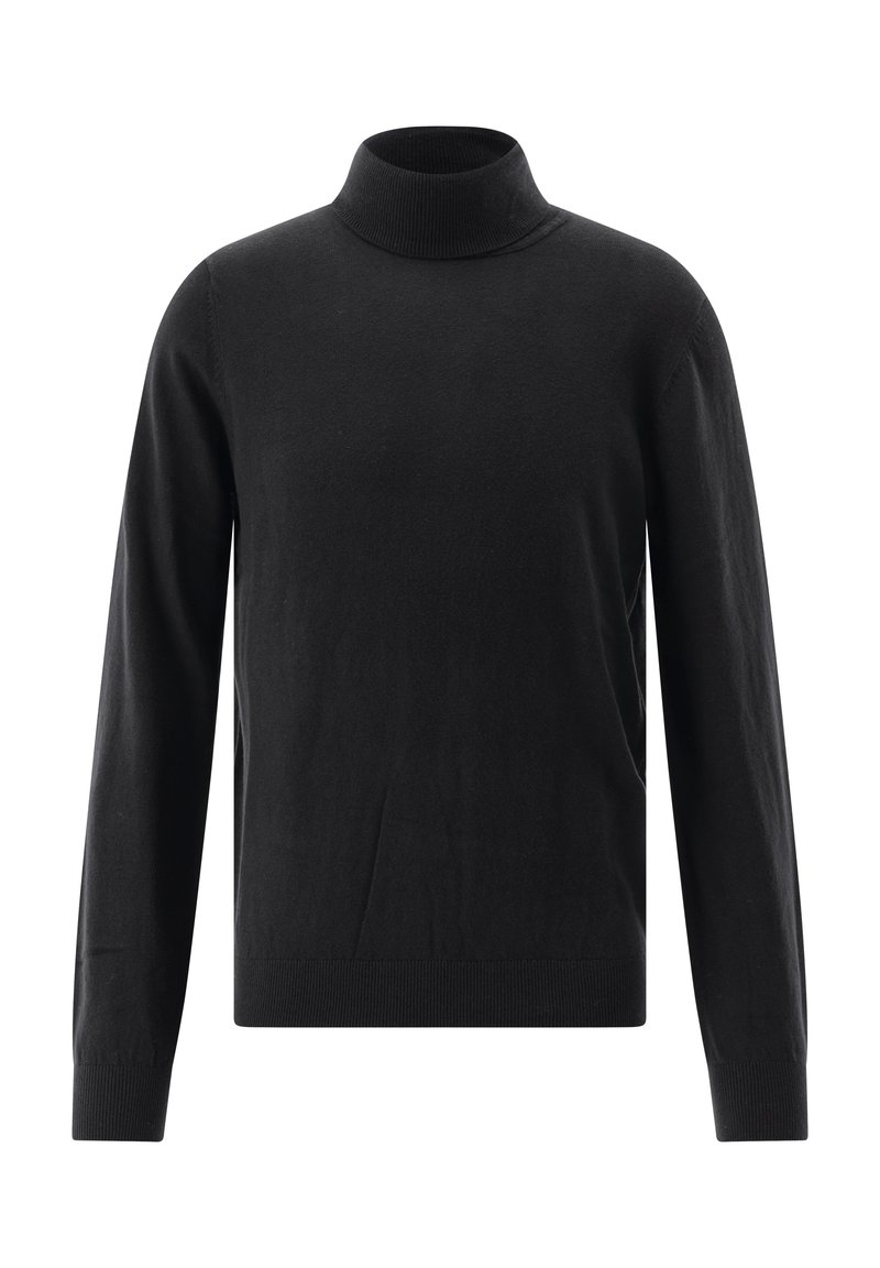 Schwarzer langärmeliger Rollkragenpullover mit gerippten Bündchen und Saum, vor einem weißen Hintergrund präsentiert.