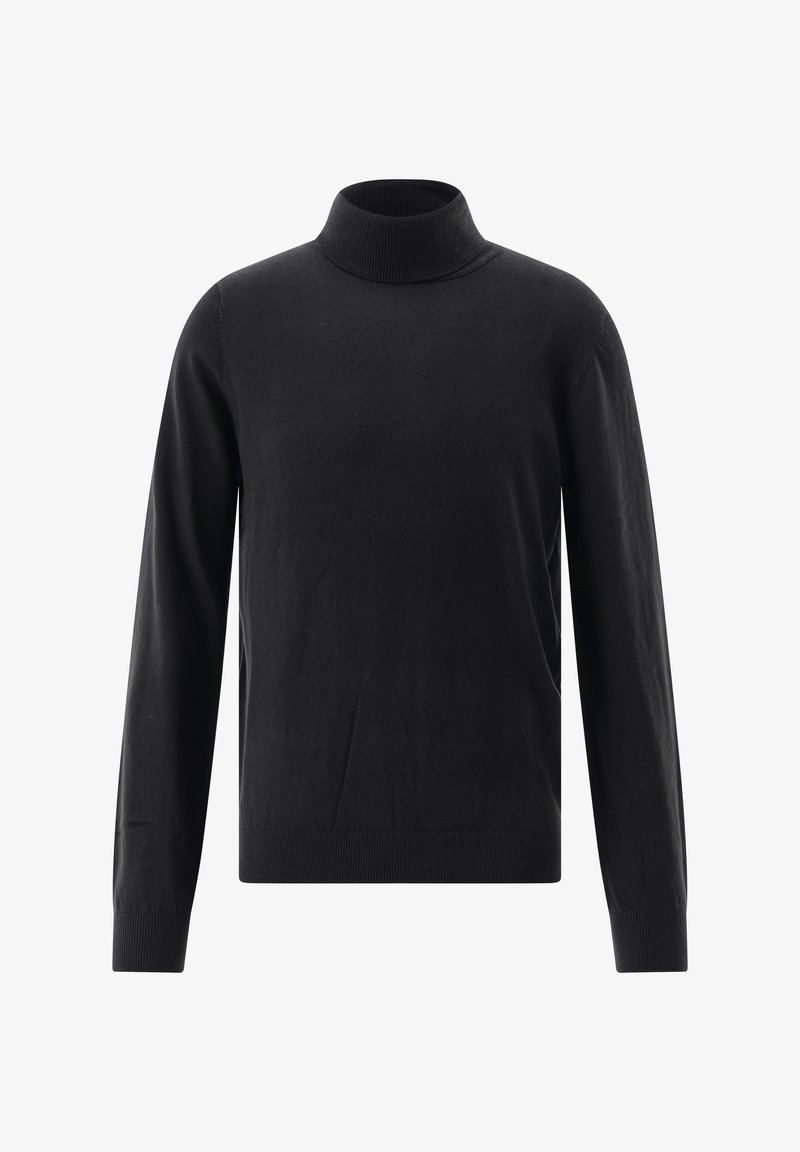 Schwarzer langärmeliger Rollkragenpullover mit gerippten Bündchen und Saum, vor einem weißen Hintergrund präsentiert.