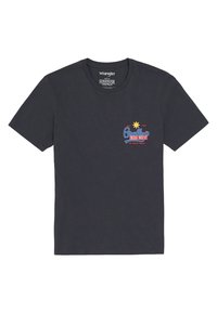Dark gray cotton t-shirt featuring a colorful printed design on the left chest, with "Bradley’s Big Buy" and a star accent. Short sleeves.