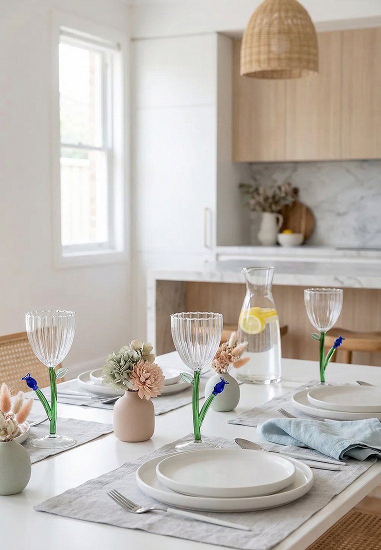 Zestaw stołu jadalnego z białymi talerzami, szklankami o motywach kwiatowych, małymi wazonikami z kwiatami oraz karafką wody z plasterkami cytryny we współczesnej kuchni.