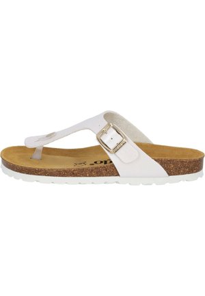 White open-toe flip-flop sandal with adjustable strap, metal buckle detail, cork footbed, and textured rubber outsole for grip.