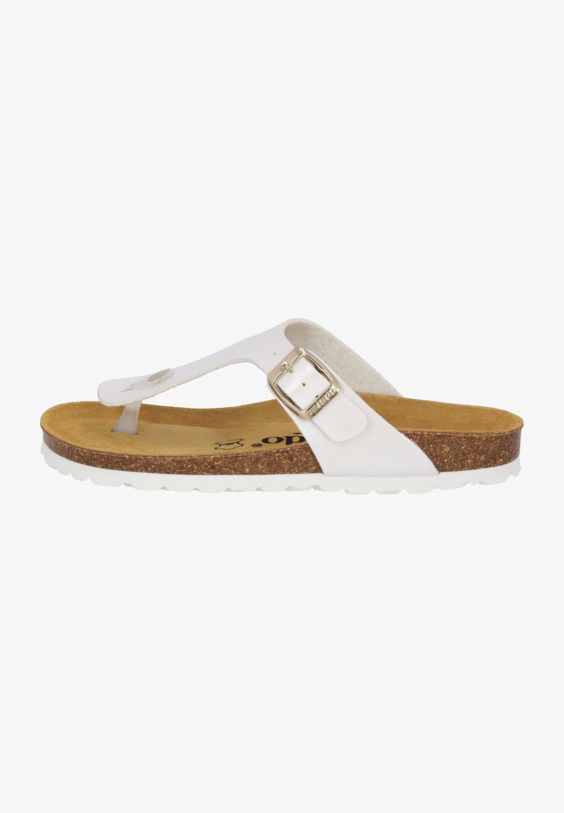 Weiße offene Zehen Flip-Flop Sandalen mit verstellbarem Riemen, metallischer Schnallen-Detail, Korkfußbett und strukturiertem Gummiaußensohle für guten Halt.