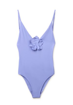 Costume intero lavanda con sottili spalline e una grande applicazione floreale coordinata al centro della profonda scollatura a V.