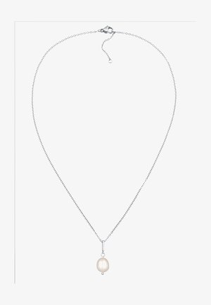 Silberne Halskette mit einem einzelnen ovalen Perlenanhänger, der eine glatte Oberfläche und einen subtilen Glanz aufweist, befestigt über einen einfachen Metall-Bail.
