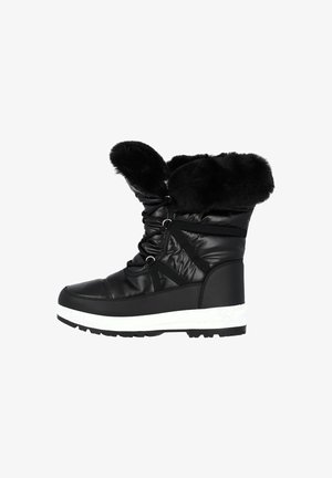 Musta eristetty talvinilkkuri tekoturkiskauluksella, nauhoitus ja valkoinen kumipohja. Sisältää sileitä ja kuvioituja materiaaleja.