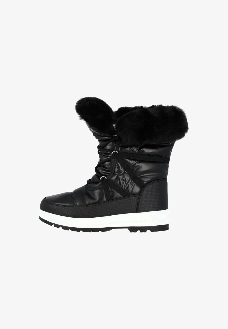 Botte d'hiver isolée noire avec bordure en fausse fourrure, design à lacets, et semelle en caoutchouc blanche. Composée de matériaux lisses et texturés.